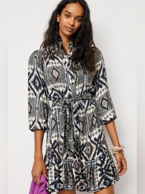 Anthropologie TINY Carita Tunic Dress LP Abstract Print Belted Ruffle Hem Boho